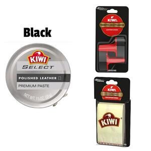 Kiwi Black Shoe Polish Care Kit 1.13oz + 2  Foam Applicators + 2 Shine Cloths